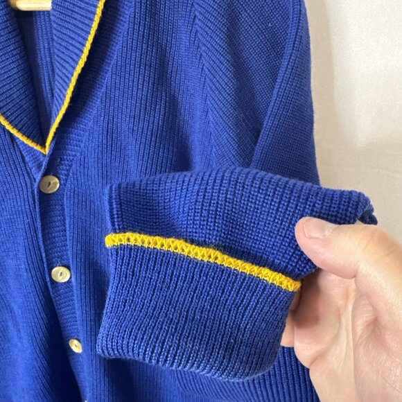 Vintage 1960s Royal Blue Shawl Collar Cardigan Yellow Trim Men M Curling Preppy - Picture 2 of 7